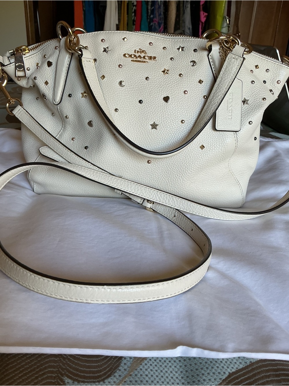 Coach Kelsey  White Pebbled Leather Satchel w/ Stardust Studs 2017